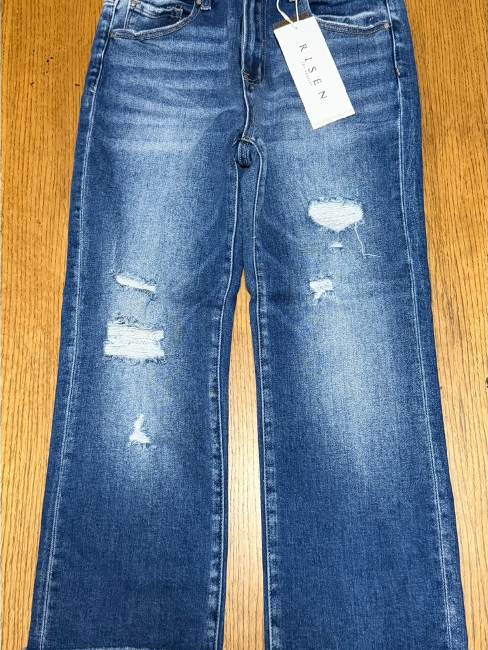RISEN Distressed Cropped Straight Jeans in Medium Blue